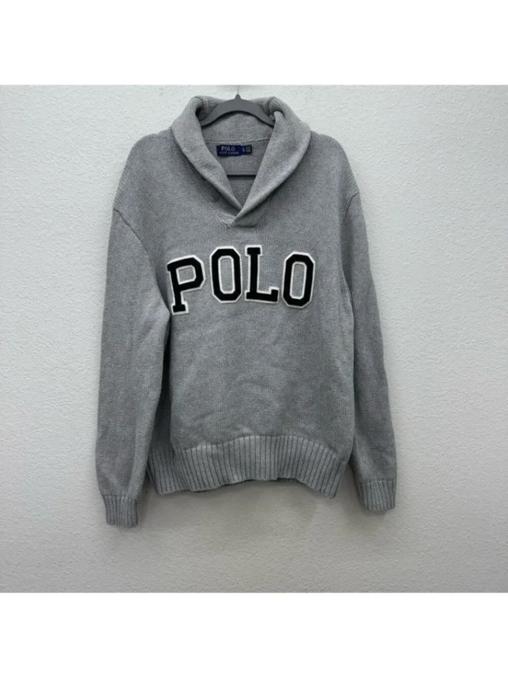 Polo Ralph Lauren Grey Shawl Collar Spellout Letterman Cotton Sweater Mens XL
